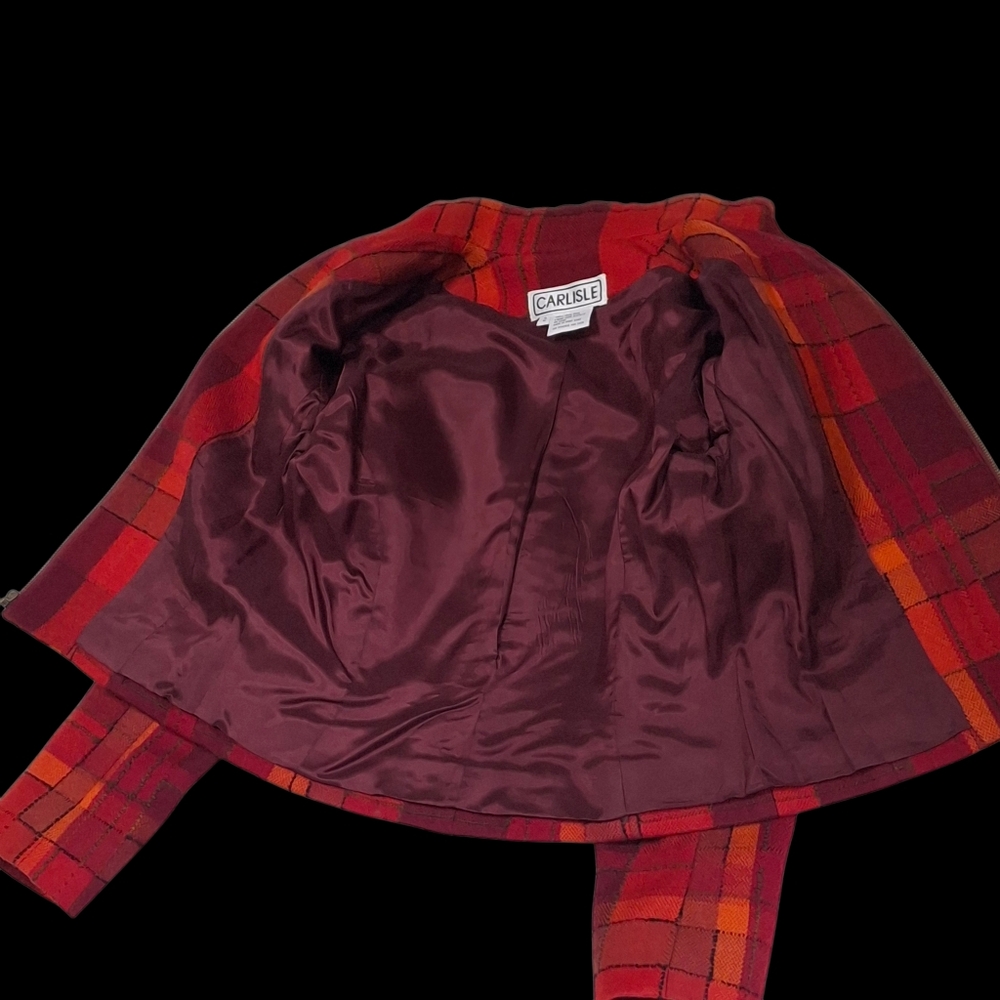 Vintage Carlisle Plaid Red Orange Cropped Long Sleeve Wool Jacket Women Size 2 - Picture 11 of 16